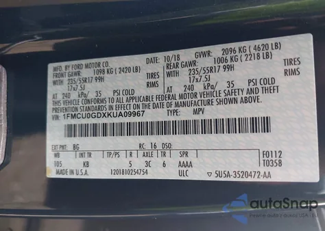 2019 Ford Escape Se from USA, damaged, VIN 1FMCU0GDXKUA09967
